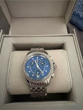 💯 Authentic MICHELE BELMORE Diamond Silver Watch with Blue Dial